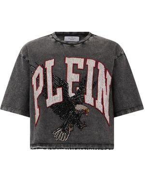 Philipp Plein Eagle-Print Crop T-Shirt - Black