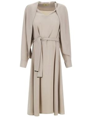 Herno V-Neck Belt-Detail Midi Dress - Natural
