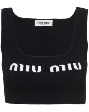 Miu Miu Cropped Logo-Knit Tank Top - Black