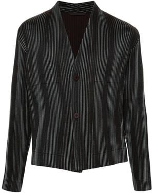 Homme Plissé Issey Miyake Tweed Pleats Collarless Jacket - Black