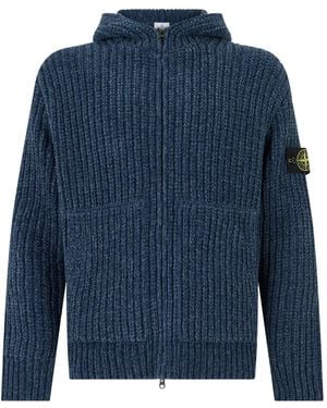 Stone Island 5100065 Mouliné Cotton Chenille Loose-Fit Hooded Zip-Up Jumper With Pockets - Blue
