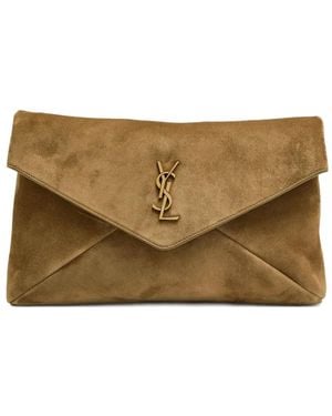 Saint Laurent Logo-Plaque Envelope Clutch Bag - Brown