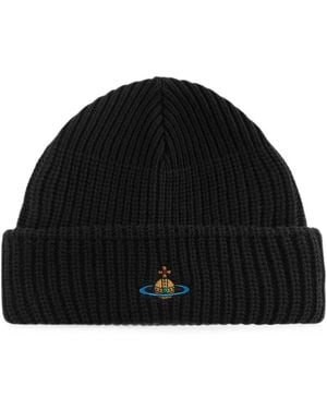 Vivienne Westwood Sporty Embroidered Ribbed Beanie Hat - Black