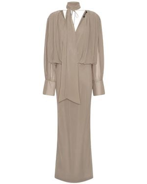 ROTATE BIRGER CHRISTENSEN V-Neck Long Chiffon Dress With Flowing Sleeves And Bow - Natural