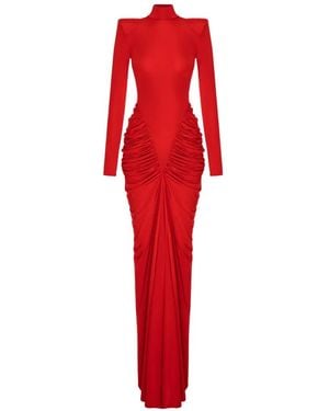 V:PM ATELIER Adwa Padded-Shoulder Ruched Maxi Dress - Red