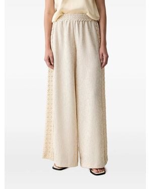 ViCOLO Stripe-Pattern Lace-Trim Palazzo Trousers - Natural