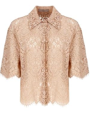 D.exterior Lace-Pattern Short-Sleeved Shirt - Natural