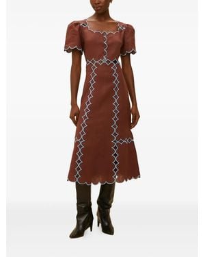 FARM Rio Scalloped-trim Linen Midi Dress - ブラウン