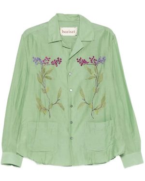 BAZISZT Flower-Embroidered Shirt - Green