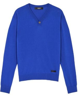 Versace Silk-Cotton Knit V-Neck Sweater - Blue