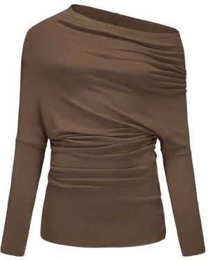 Elwood Asymmetric Draped Off-Shoulder Long-Sleeved T-Shirt - Brown