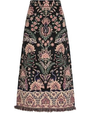 FARM Rio Floral-Print Fringed-Trim Midi Skirt - Black