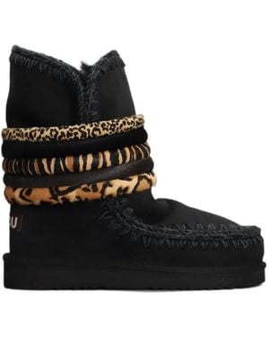 Mou Animal-Print Blanket-Stitch Boots - Black