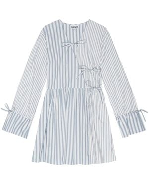 Ganni Stripe-Print Cotton Mini Wrap Dress - White