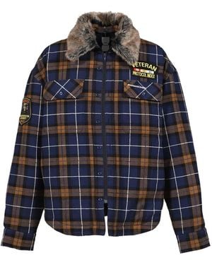 Protocol Index Check-Pattern Faux-Fur Collar Shirt Jacket - Blue