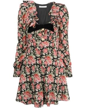 Alessandra Rich Rose-Print Silk Minidress - Black