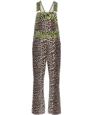 Ganni Tiger And Leopard Print Denim Overalls - Black
