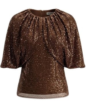 Self-Portrait Sequin-Embellished Cape-Sleeve Top - Brown