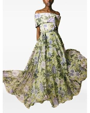 GIADA CURTI Robe Fleurie À Épaules Dénudées - Vert