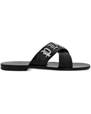 Philipp Plein Leren Sandalen Met Logoplakkaat - Zwart