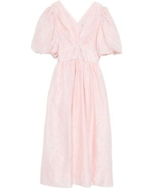 Sea Puff-Sleeve V-Neck Midi Dress - Pink