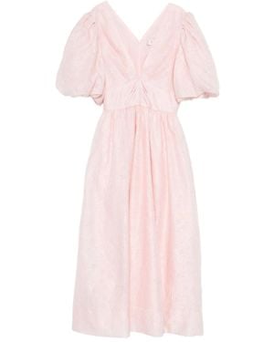 Sea Puff-Sleeve V-Neck Midi Dress - Pink