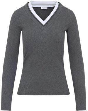 Brunello Cucinelli Ribbed V-Neck Top - Blue
