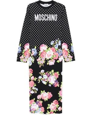 Moschino Polka-Dot Floral-Print Midi Dress - White