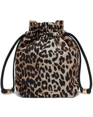 Ganni Drawstring Animal Print Bucket Bag - Black