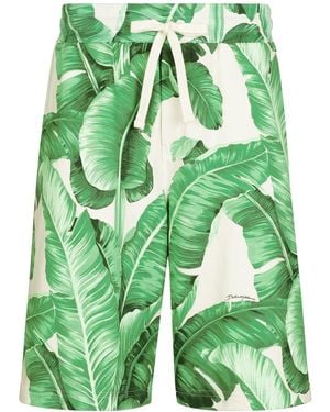 Dolce & Gabbana Leaf-Print Cotton Track Shorts - Green