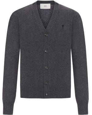 Ami Paris De Coeur Monogram Button-Fastening Cashmere Cardigan - Grey