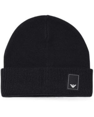 Emporio Armani Logo-Patch Ribbed-Trim Beanie Hat - Blue