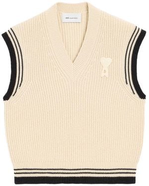 Ami Paris Ribbed Wool Sleeveless Ami De Coeur Jumper - Natural