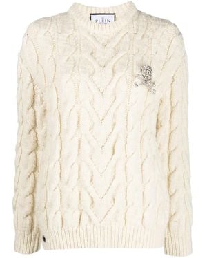 Philipp Plein Long-Sleeve Cable-Knit Jumper - Natural