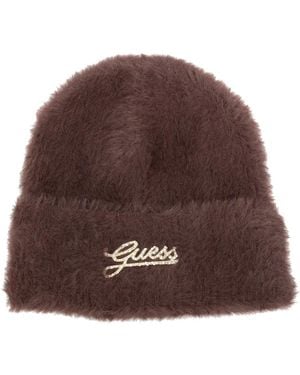Guess Logo-Plaque Fluffy Beanie Hat - Brown