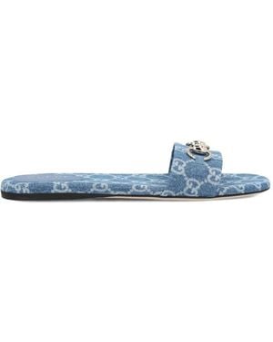 Gucci Horsebit Gg-Pattern Flat Sandals - Blue