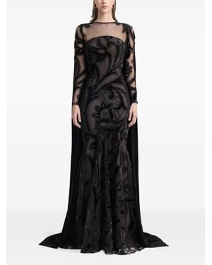 Gemy Maalouf Floral-Embroidery Cape Dress - Black