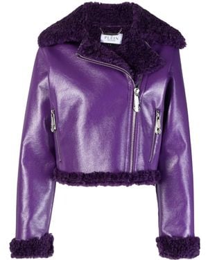 Philipp Plein Faux Shearling-Trim Biker Jacket - Purple