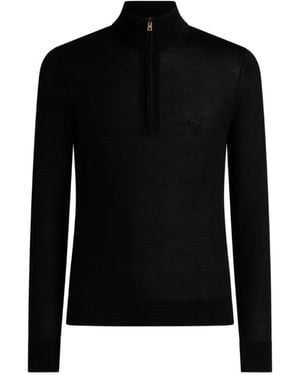 Etro Wool And Silk Jumper With Zip And Pegaso Embroidery - Black