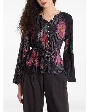 Desigual Floral-Print Plissé Blouse - Black