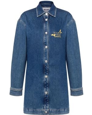 Moschino Slogan-Embroidered Denim Shirtdress - Blue