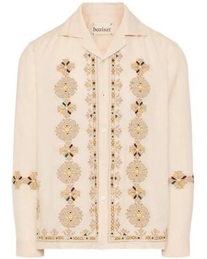 BAZISZT Floral-Embroidered Long-Sleeve Shirt - Natural