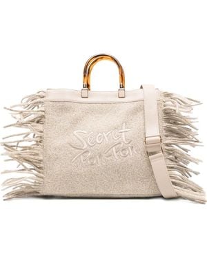 Secret Pon-pon Fringed Top-Handles Shoulder Bag - Natural
