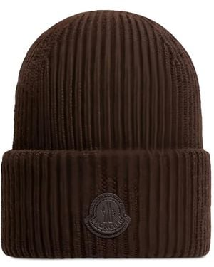 Moncler Logo-Patch Ribbed-Knit Beanie Hat - Brown