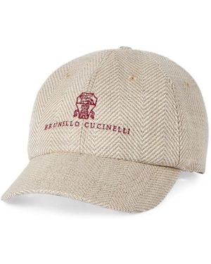 Brunello Cucinelli Alpaca, Wool And Silk Chevron Baseball Cap With Embroidered Logo - Natural