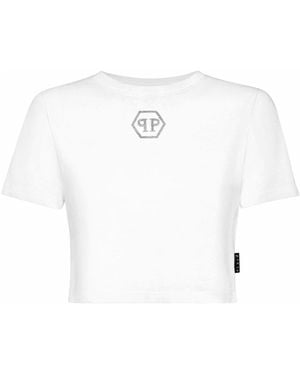 Philipp Plein Crystal Hexagon Cropped T-Shirt - White