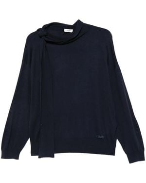 Liu Jo Tie-Neck Rhinestone-Logo Sweater - Blue