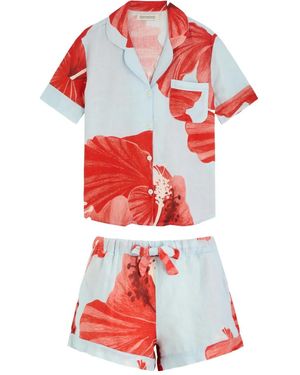 Desmond & Dempsey Pyjama aus Leinen mit Blumen-Print - Rot