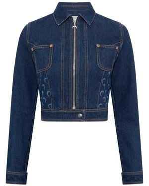 Marine Serre Moon-Print Cropped Denim Jacket - Blue