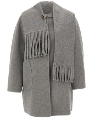 Elena Miro Fringed-Scarf Toggle-Fastening Coat - Gray
